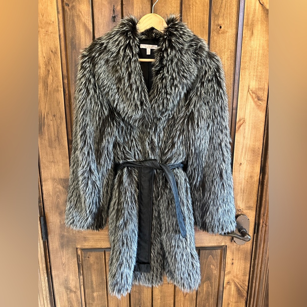 Beautiful Luxe Black Coat with Gray Faux Fur.